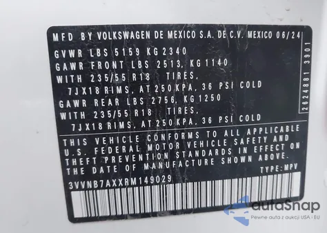 2024 Volkswagen Tiguan 2.0T Se/2.0T Wolfsburg Edition z USA, uszkodzony, nr VIN 3VVNB7AXXRM149029